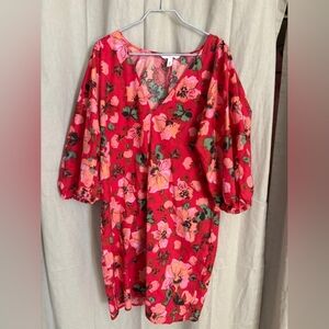 Floral Red Dress with Puff Sleeves